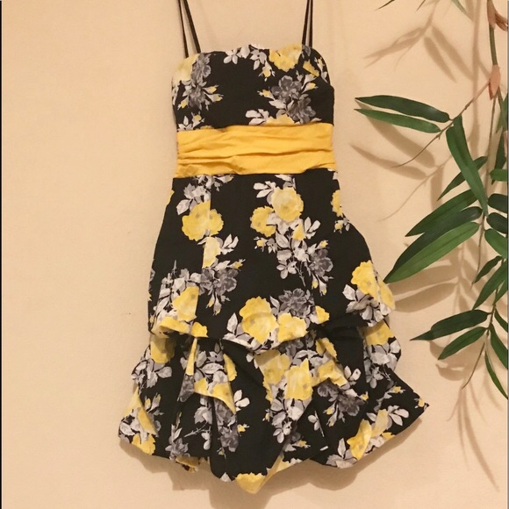 Strapless black white and yellow floral dress.